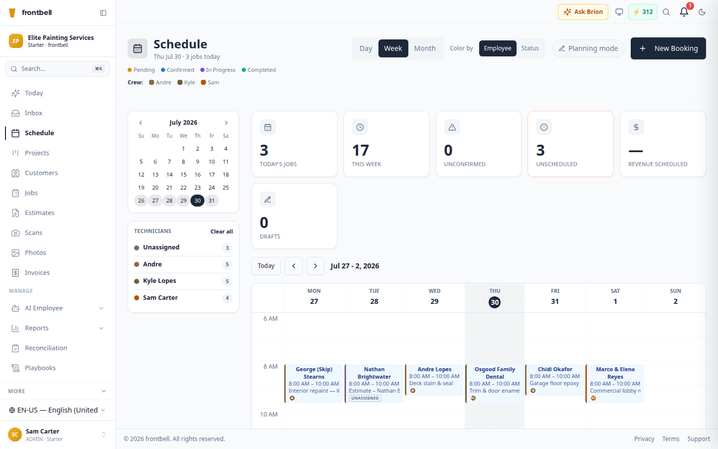 Frontbell schedule — week view crew calendar with technician assignment